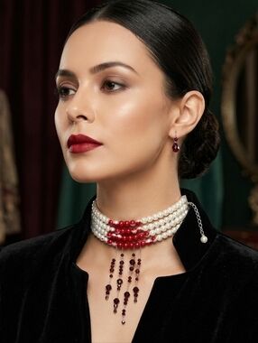 Elegant White and Red Pearl Choker Necklace with Garnet Drops